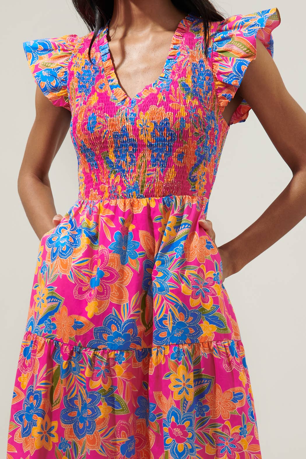 Ranchero Floral Sunfire Smocked Bodice Tiered Midi Dress